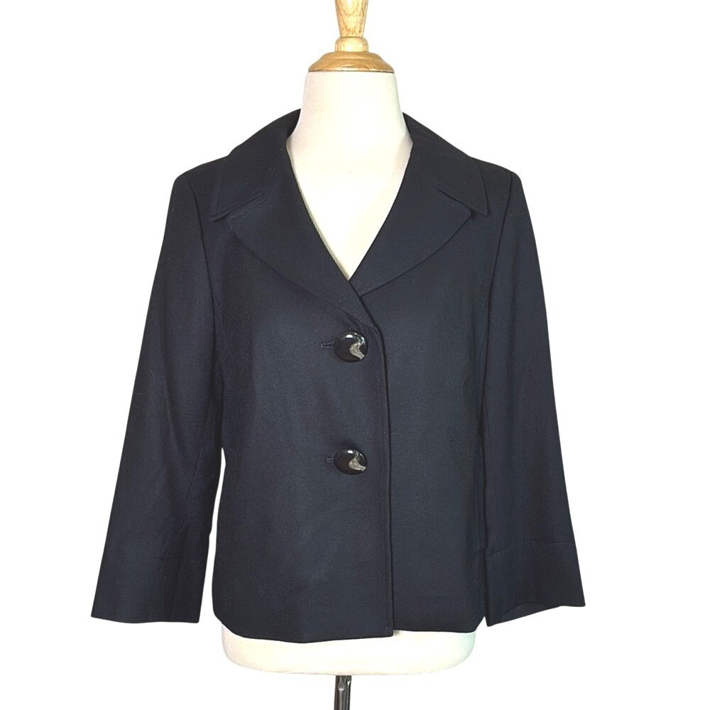TALBOTS Made in Italy Women 10 Black Stretch Wool Waist Length Tailored Blazer‎